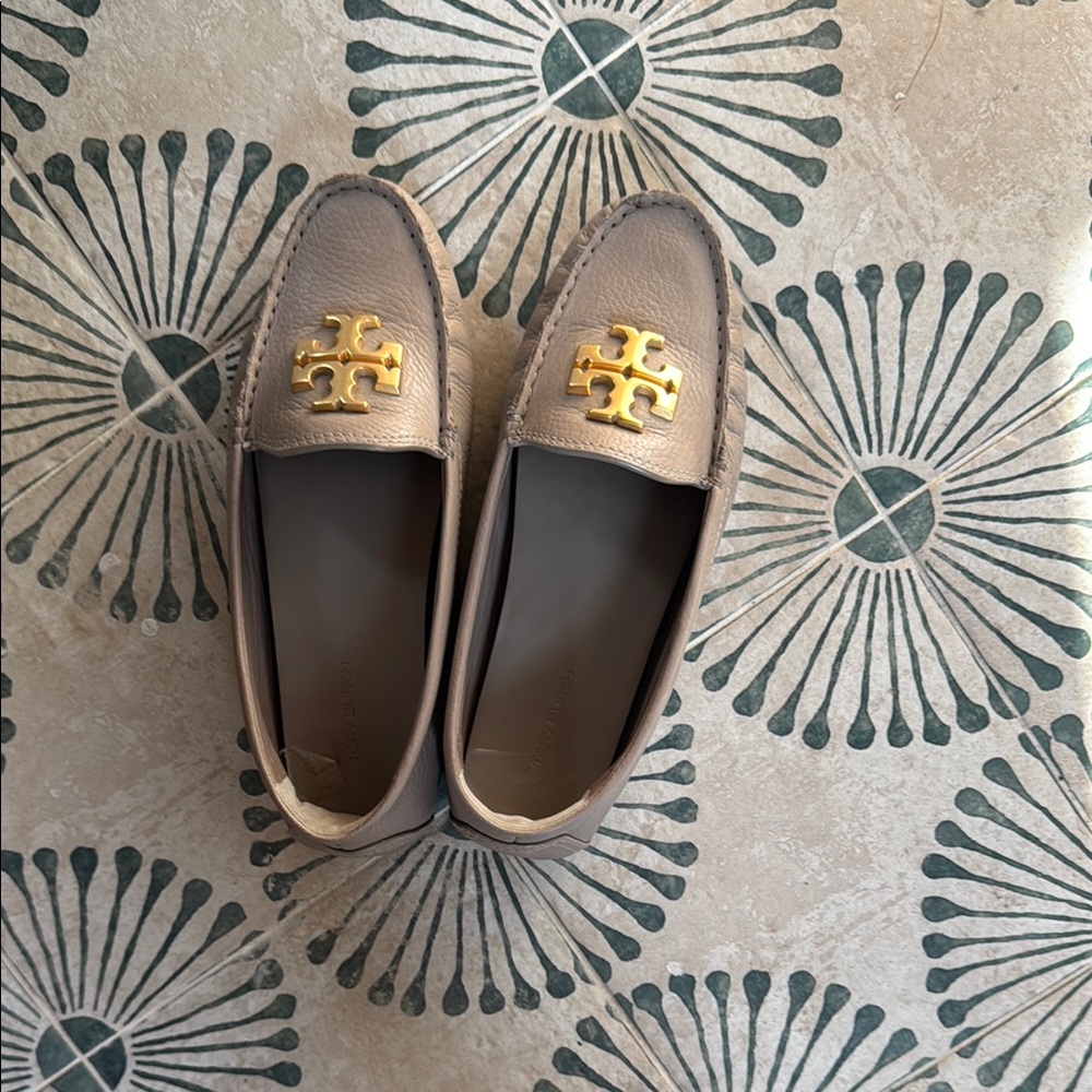 Tory Burch Tan Loafers with Gold Emblem